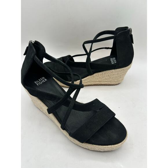 Eileen Fisher Wanda Tumbled Nubuck Espadrille Wedge Sandal Black Size 7 - Picture 3 of 9
